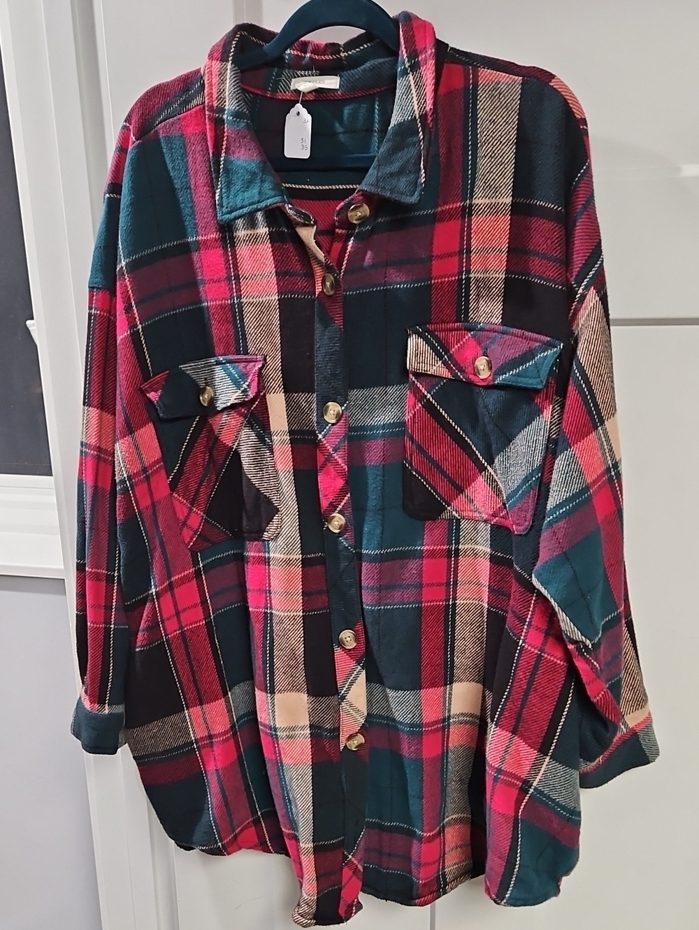 Maurices Plaid Button-Down Shirt Jacket in Pink and Teal